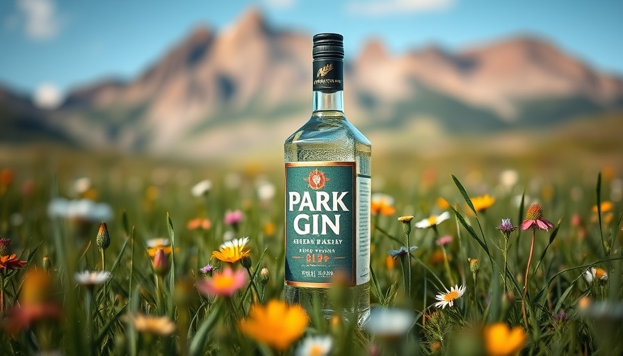 Park Gin bottle in grassy meadow with wildflowers on Alberta cocktail road trip.
