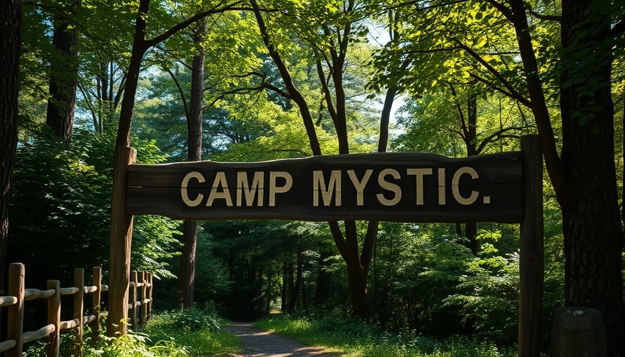 Camp Mystic entrance surrounded by trees.