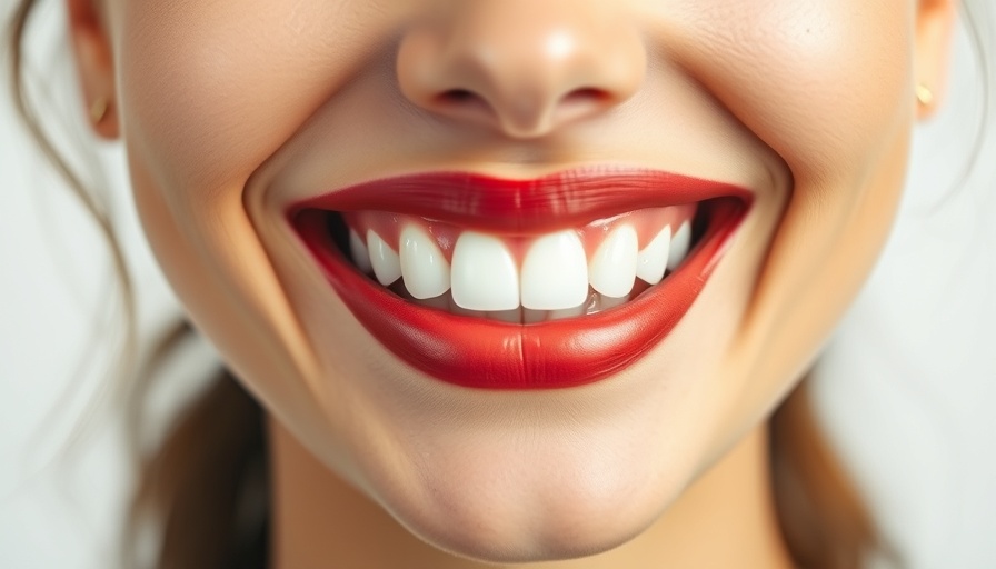 Shiny white teeth with red lipstick, highlighting teeth whitening deals in Calgary.