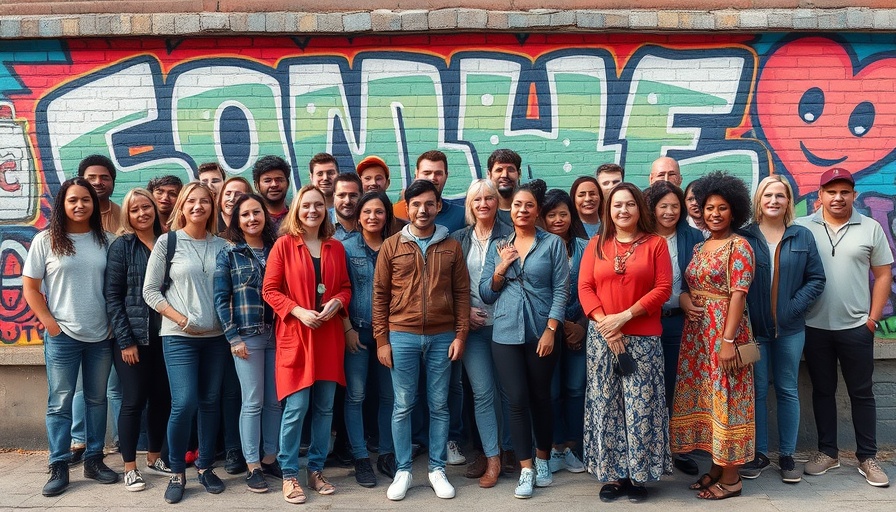 Diverse group at Calgary event with mural backdrop