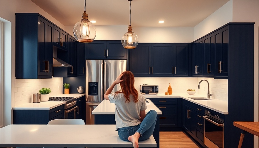 Modern kitchen in Homestead Calgary Community with navy decor.