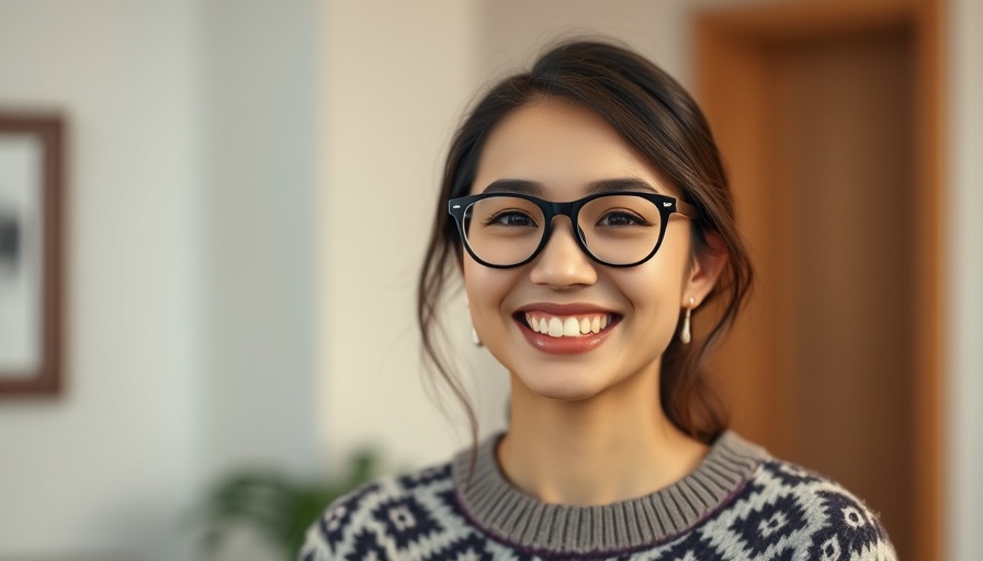 Cheerful woman with glasses promoting Calgary Eye Exam Deals.