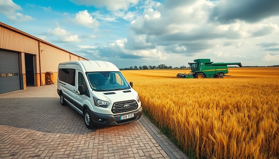 Leduc Farm and Food Trail scene with van and combine harvester.