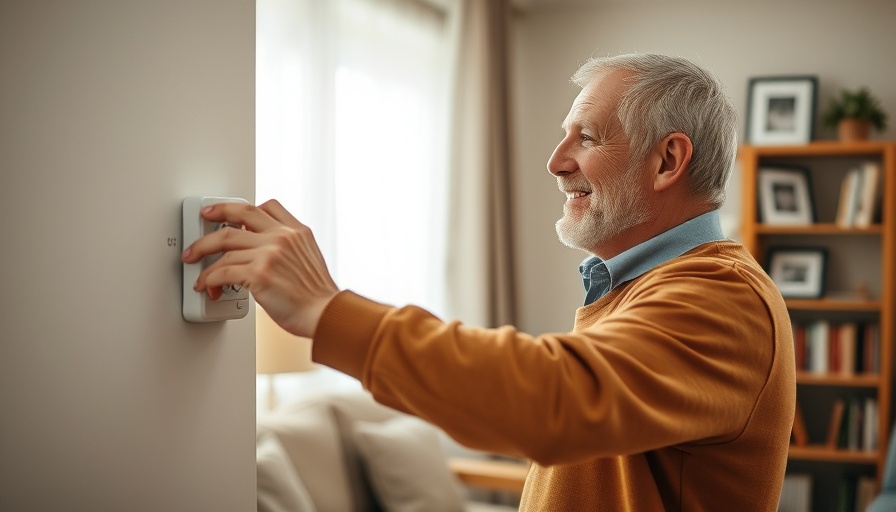 Smiling man adjusting thermostat at home, Calgary furnace tune-up deals.