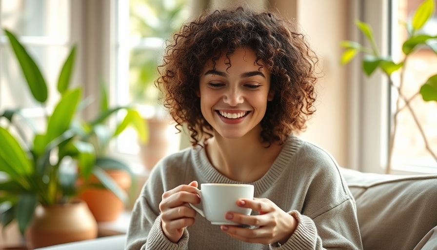 Relaxed woman enjoying coffee, embodying summer self-care for parents.