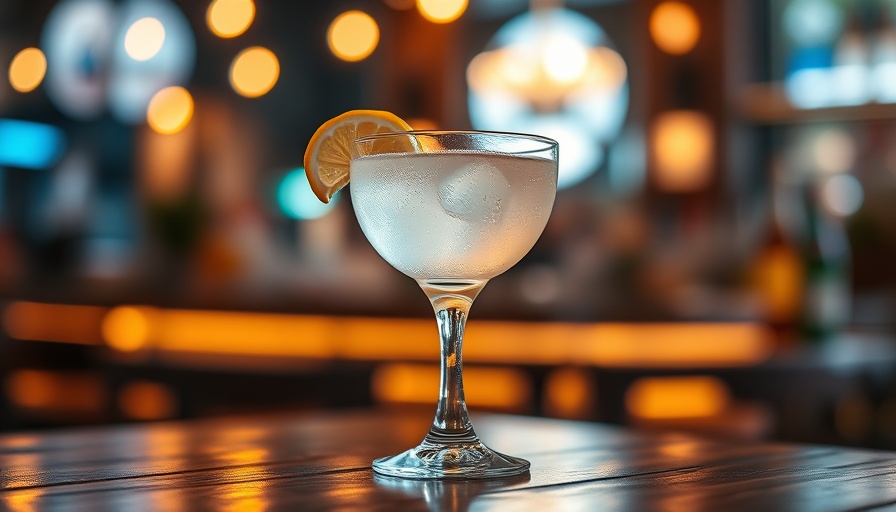 Elegant cocktail glass in a bar with bokeh lights; grain to glass.