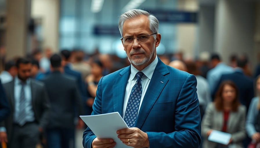 Middle-aged man holding documents in a crowded room, serious expression.