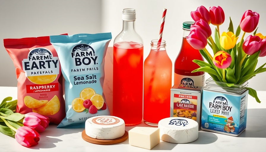 Colorful Farm Boy favorite products display on a table.