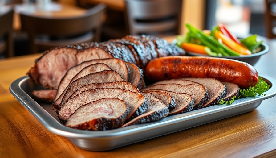 Great Brisket in Calgary served with sausage and salad.