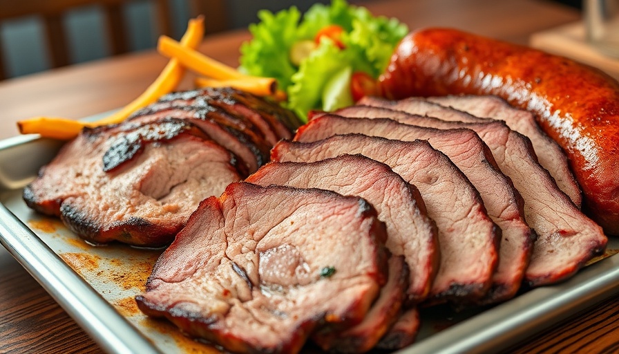Best brisket in Calgary served with sausage and salad.