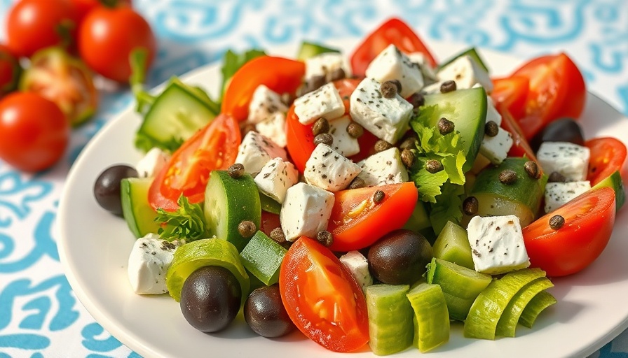 Greek salad on white plate with blue tablecloth.