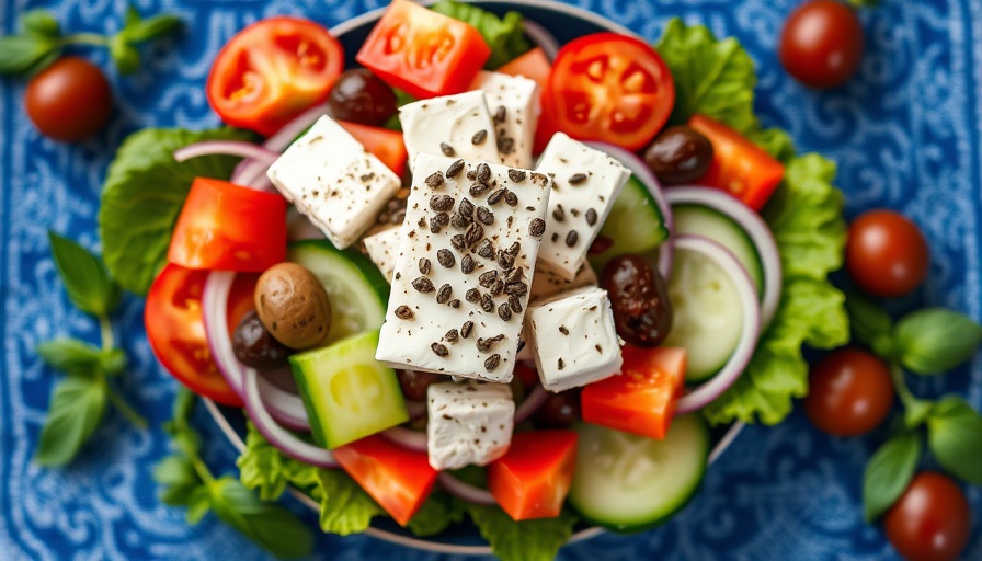Authentic Greek salad Horiatiki with fresh ingredients on blue cloth.