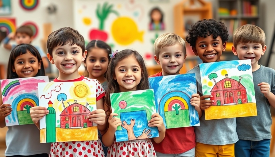 Children showcasing colorful paintings in an art classroom, related to End-of-Year Artwork Management.