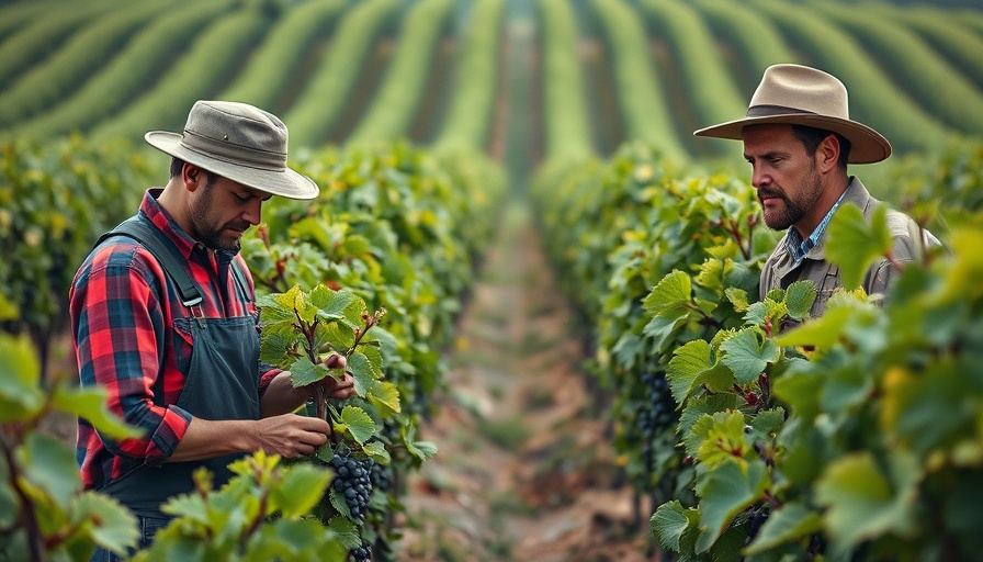Vineyard workers tending vines for Riesling wine pairings.