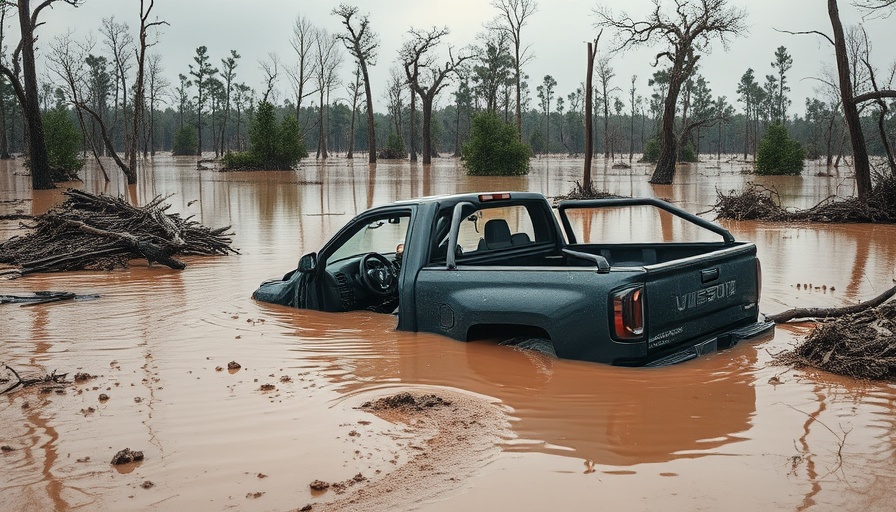 Texas floods recovery efforts scene with scattered debris and damaged truck.