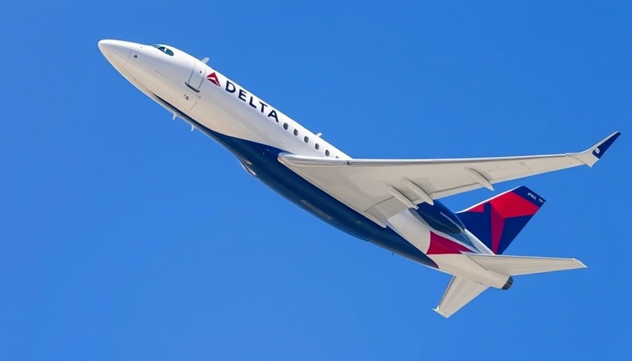 Delta airplane executing sharp climb against blue sky.