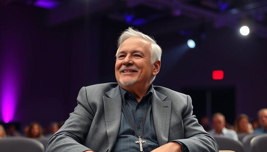 Elderly man on stage with cross necklace symbolizing Ozzy Osbourne's music legacy.
