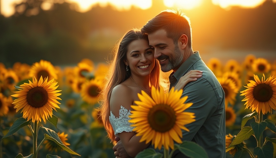 Couple enjoying an August date in Edmonton sunflower field.