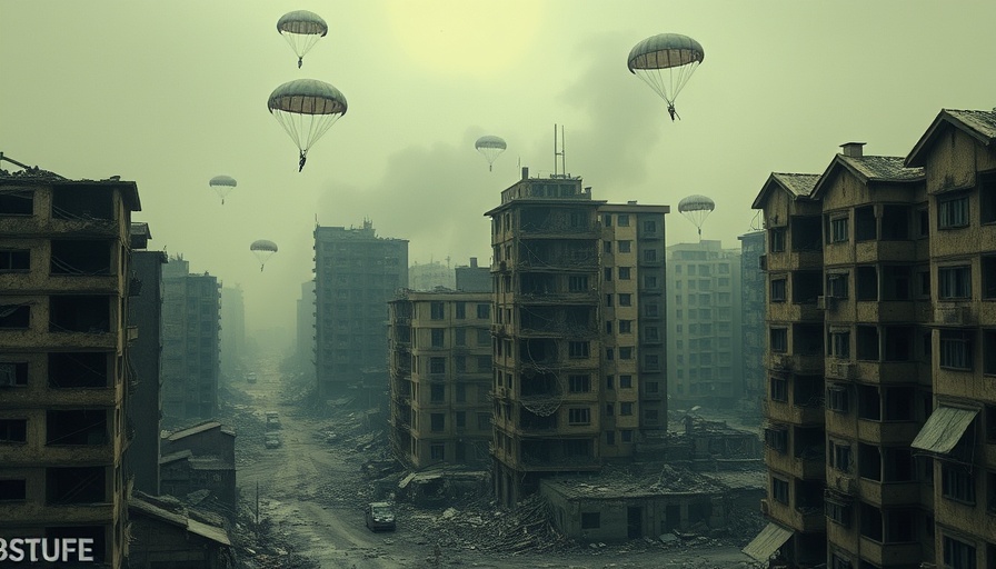 Crumbling buildings in conflict zone with parachutes in sky.