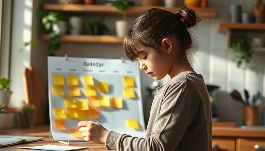 Finding balance in family busy schedule as a young girl organizes a calendar.