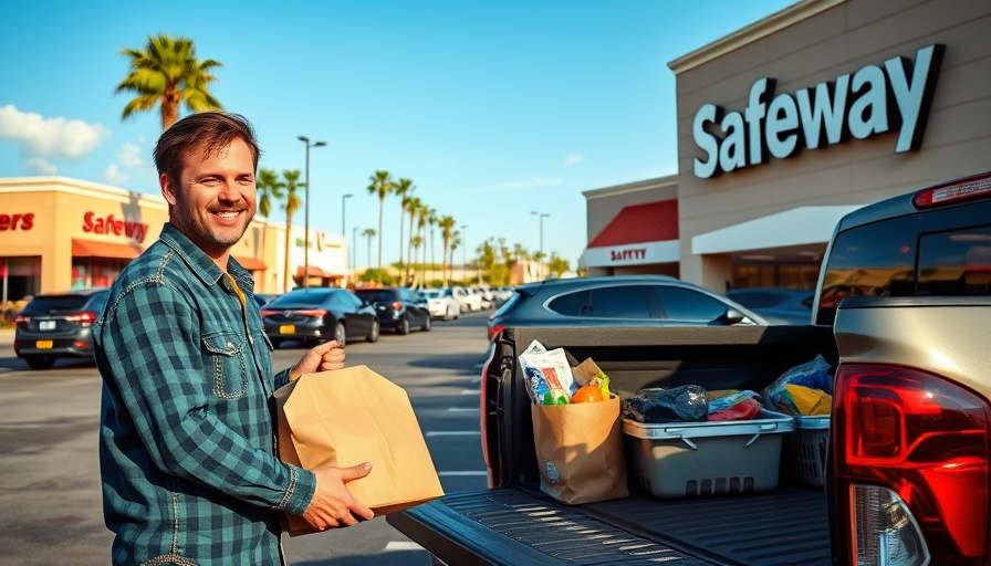 Casual man in Hawaiian parking lot loading groceries into truck.