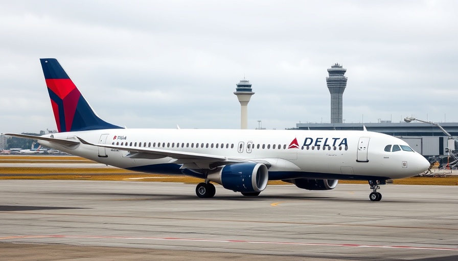 Delta airplane on tarmac in cloudy weather with control tower.