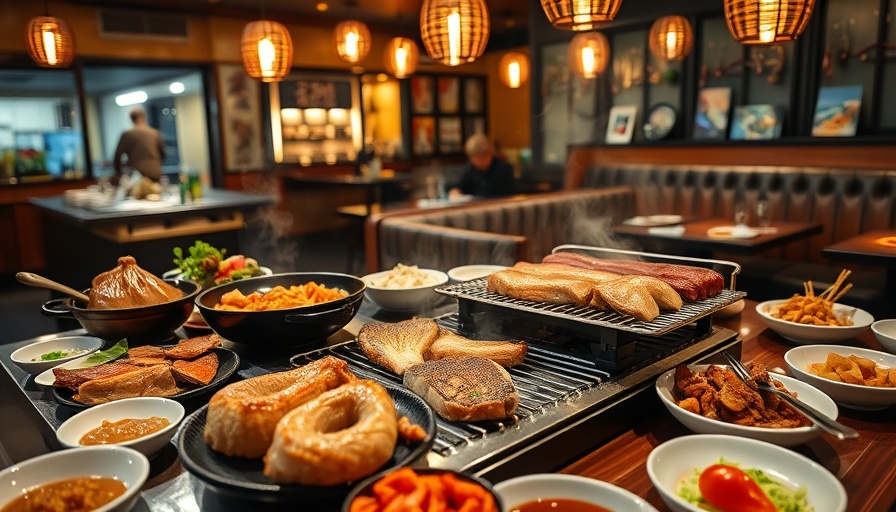 Korean BBQ spread with meats and sides at the best Korean BBQ in Calgary.