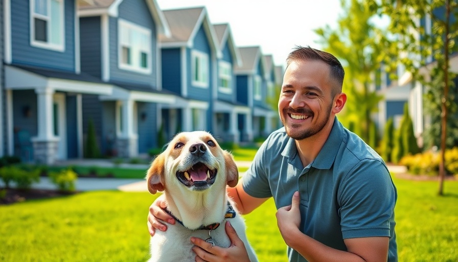 Man and dog at Park Place townhomes in Mahogany, lush lawn
