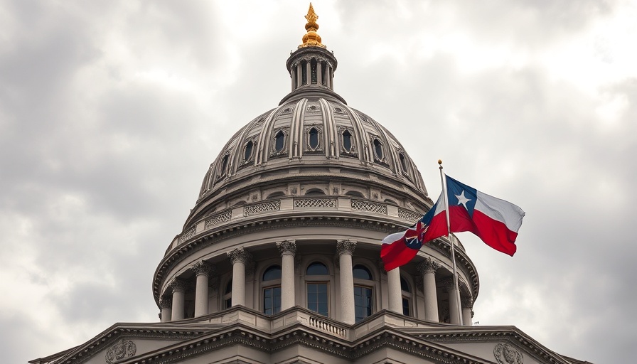 Texas Capitol dome and flags under cloudy sky, Texas Redistricting Showdown.
