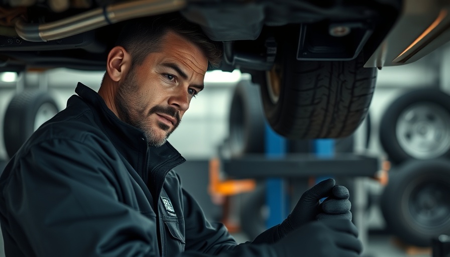 Mechanic inspecting car undercarriage in Calgary tire shop.