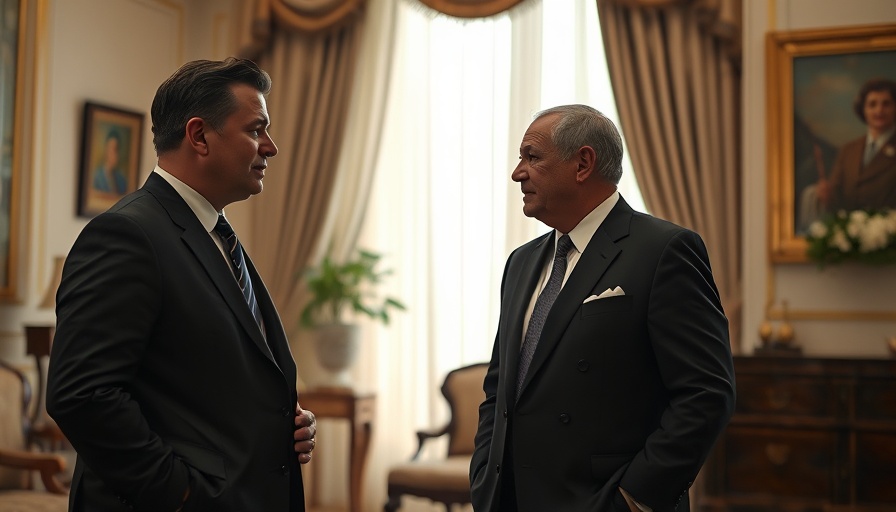 Implications of formal discussion between two leaders in a decorated room with soft lighting.