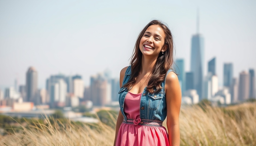 Confident woman embraces open space, reimagining urban living.