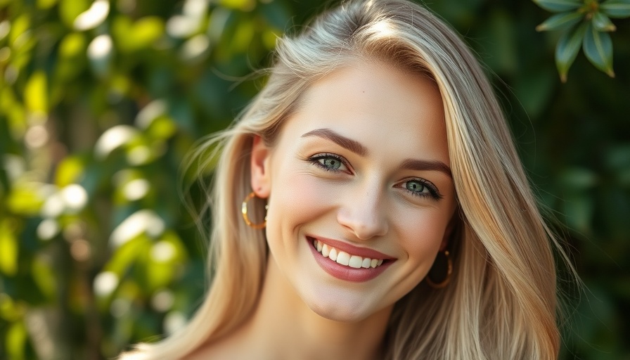 Radiant woman smiling with natural light and green background, IPL acne treatment Calgary.