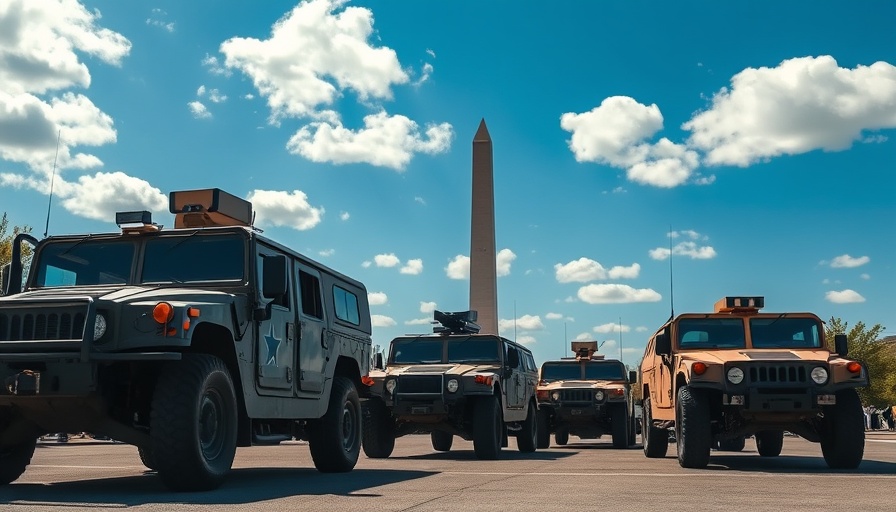 Military vehicles positioned near Washington Monument in DC deployment.