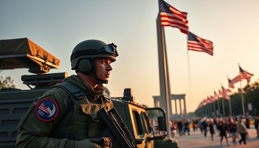 Troops deployed at National Mall with humvee and Washington Monument.