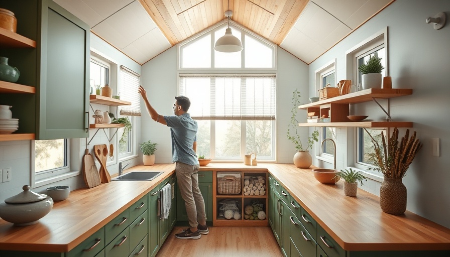 Eco-conscious tiny home kitchen with green cabinets and man.
