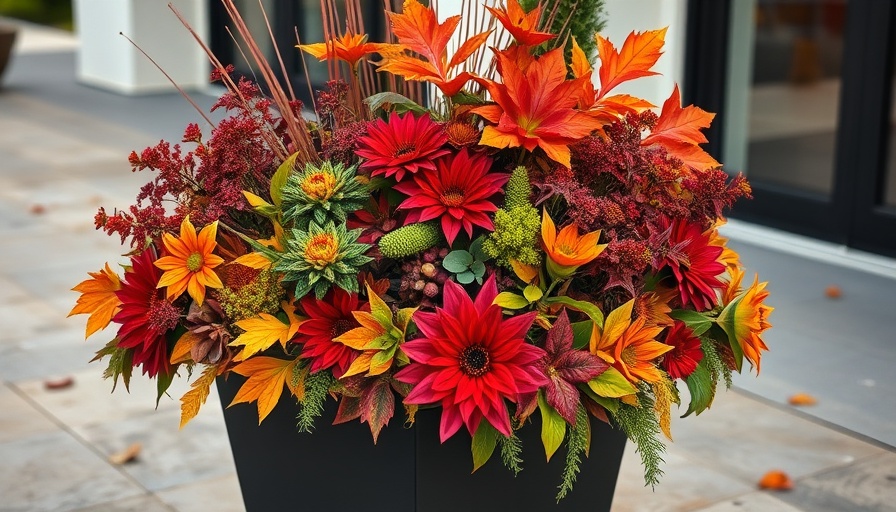 Colorful fall planter arrangement on patio, showcasing autumn foliage.