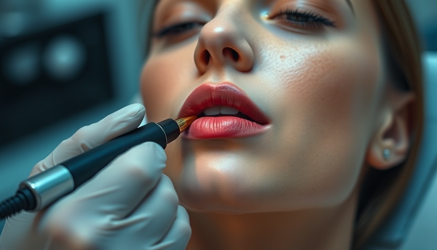 Woman getting cosmetic lip tattoo in Calgary clinic setting.