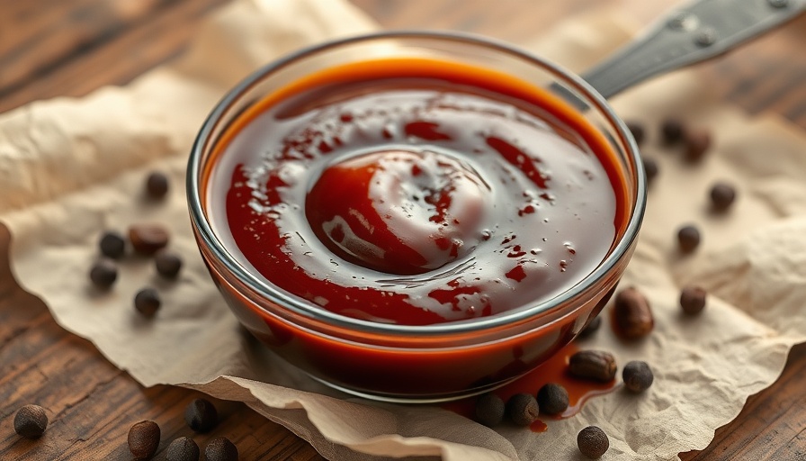 Billy-Joe's BBQ Sauce in a glass bowl on rustic table with peppercorns.