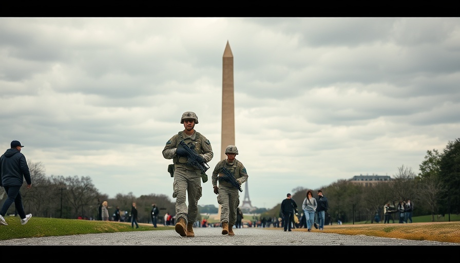 Soldiers patrol Washington DC path near monument.