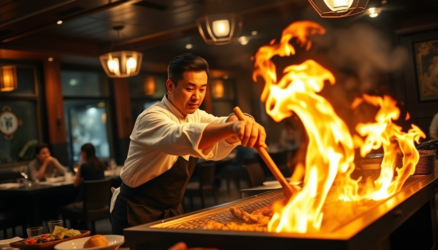 Japanese Teppanyaki chef cooking with blazing fire at Calgary BBQ.