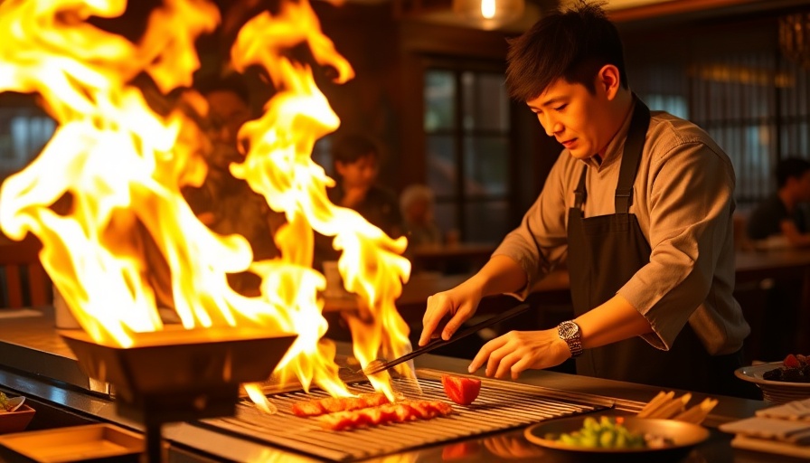 Japanese teppanyaki grill with flames in Calgary restaurant.