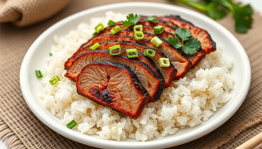 Gochujang grilled pork tenderloin sliced over rice, garnished with herbs.