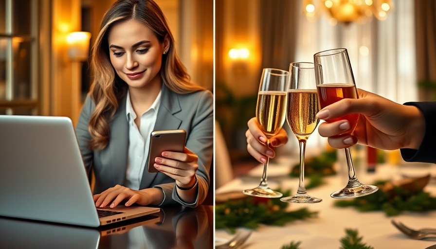 Corporate woman at desk and celebratory toast at corporate dinner.