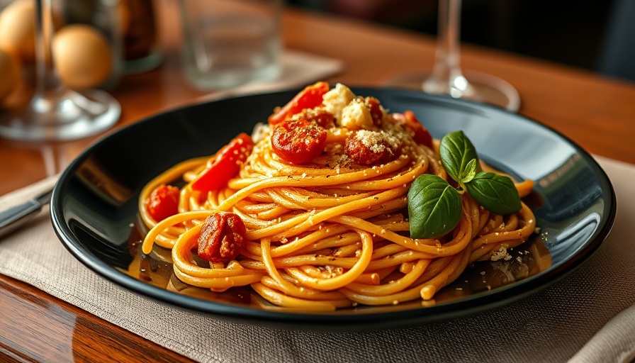 Tuscan dining in Calgary: Delicious pasta dish on black plate.