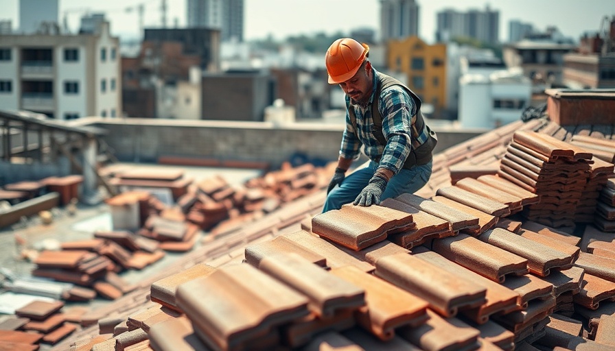 Construction worker stacking roof tiles under blue sky, hiring slowdown jobs report.