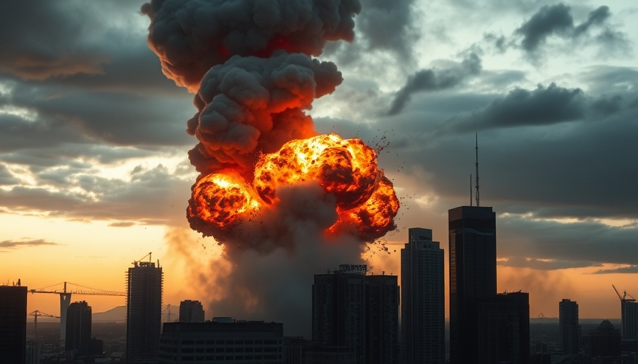 Russia's largest drone missile attack on Ukraine cityscape with explosion and smoke.