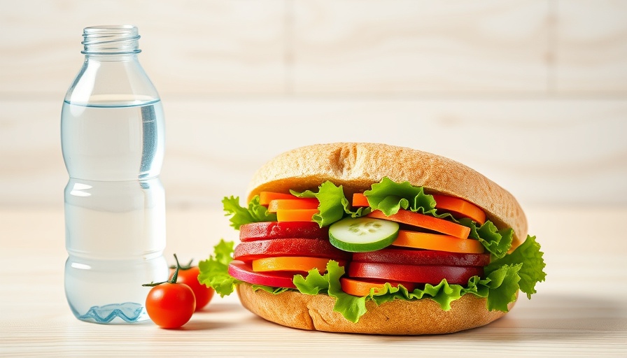 Healthy packed lunch with sandwich, veggies, and water bottle.