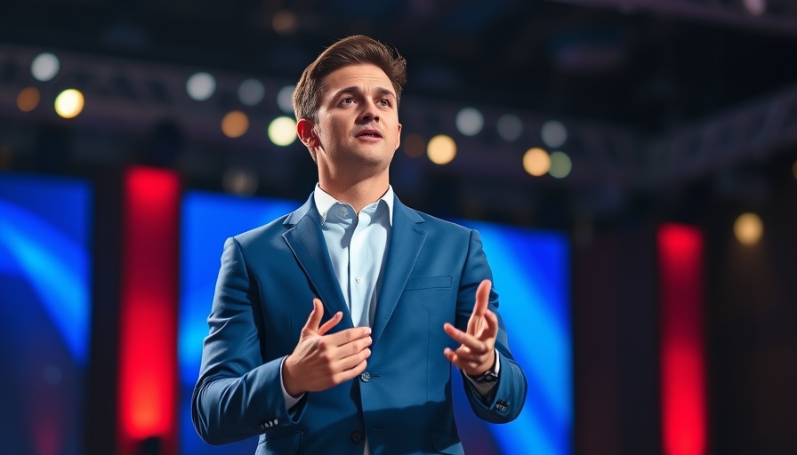 Young man in blue suit speaking at a podium on stage