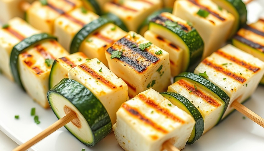 Grilled zucchini and haloumi skewers close-up on a white plate.